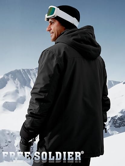 FREE SOLDlER Men's Waterproof Ski Snow Jacket FleeceLined Warm Winter Rain Jacket with Hood Fully Taped Seams