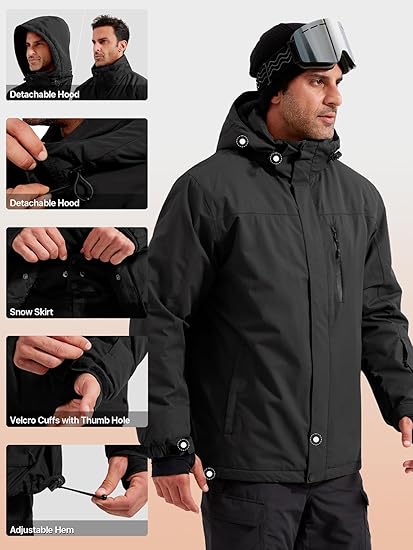 FREE SOLDlER Men's Waterproof Ski Snow Jacket FleeceLined Warm Winter Rain Jacket with Hood Fully Taped Seams